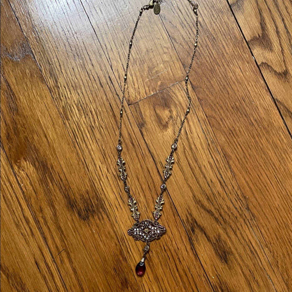 Gold-Tone Filigree Necklace with  Teardrop Pendant and Pink Crystals